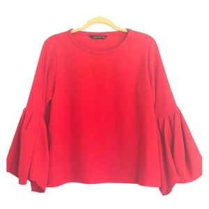 Zara Red Pleated Bell Sleeve Crew Neck Blouse